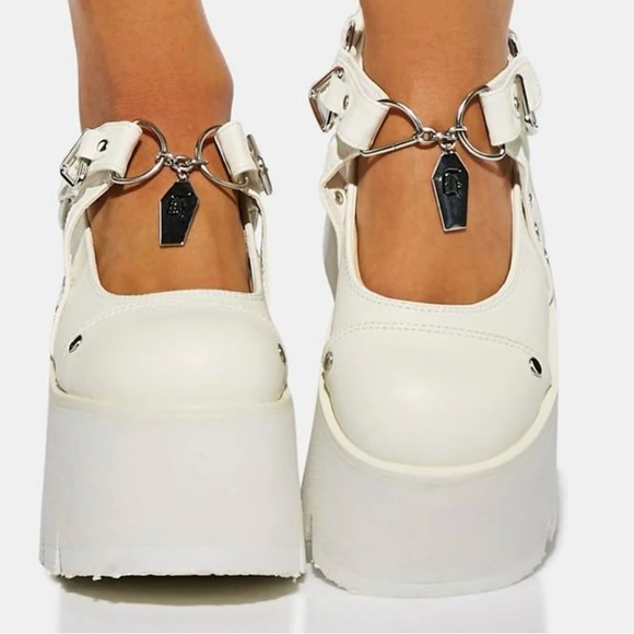 Demonia Ashes 33 Mary Jane Platforms Flatforms White Silver Size 9 - Picture 2 of 13